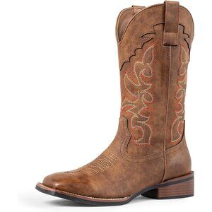 SheSole Womens Dark Brown Cowboy Square Toe Cowgirl Wide Calf Western Boots